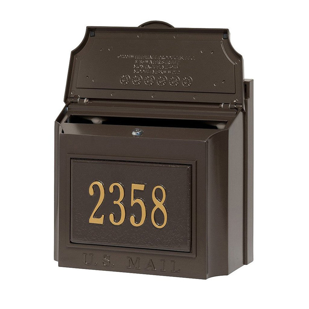 Whitehall Wall Mount Mailbox with customized address plaque in bronze and gold