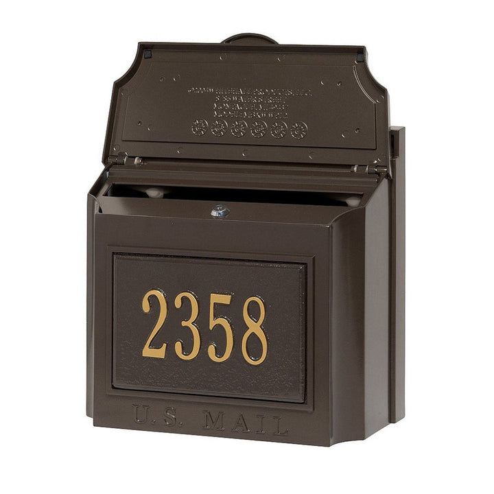 Whitehall Wall Mount Mailbox with customized address plaque in bronze and gold