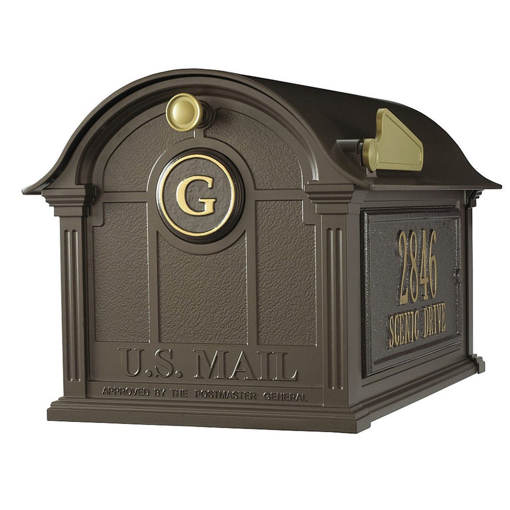 Whitehall Personalized Balmoral Post Mount Mailbox with Side Plaques and Monogram in Bronze